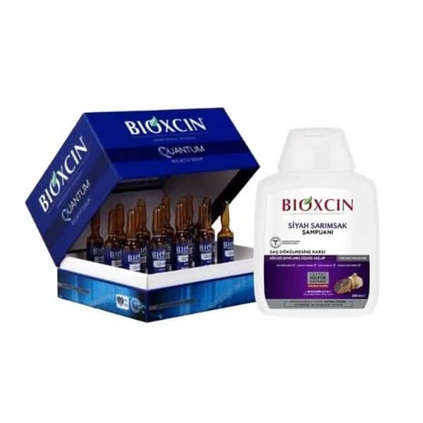Bioxcin أمبولات بيوكسين كوانتم لعلاج تساقط الشعر ١٥ × ٦ مل + شامبو بيوكسين بالثوم الأسود ٣٠٠ مل