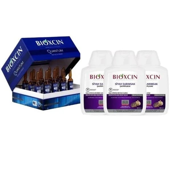 Bioxcin أمبولات بيوكسين كوانتم لعلاج تساقط الشعر ١٥ × ٦ مل + شامبو بيوكسين بالثوم الأسود ٣ × ٣٠٠ مل