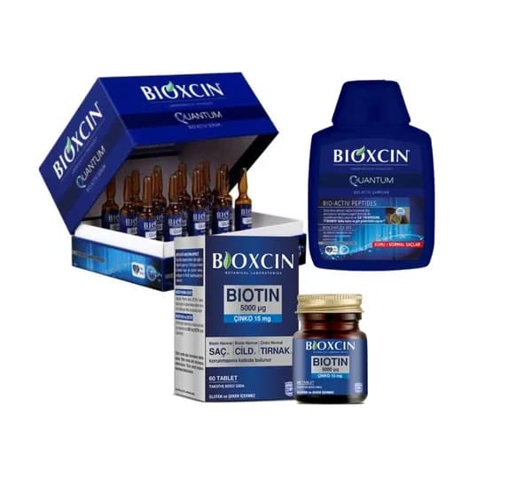 Bioxcin أمبولات بيوكسين كوانتم 15 × 6 مل + شامبو بيوكسين كوانتم 300 مل + مركب البيوتين 60 كبسولة
