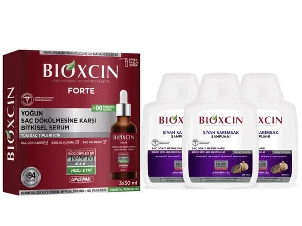 Bioxcin سيروم بيوكسين فورتيه 3 × 50 مل + شامبو بيوكسين بالثوم الأسود 3 × 300 مل