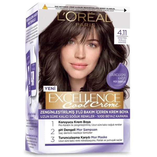 L'Oreal Paris صبغة شعر لوريال باريس إكسلنس كول كريم 4.11 بني رمادي إضافي