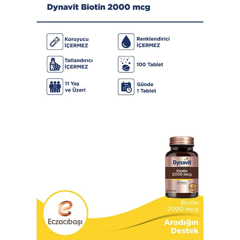 Dynavit Biotin 2000 mcg - Gesunde Haare, Haut & Nägel (100 Tabletten)