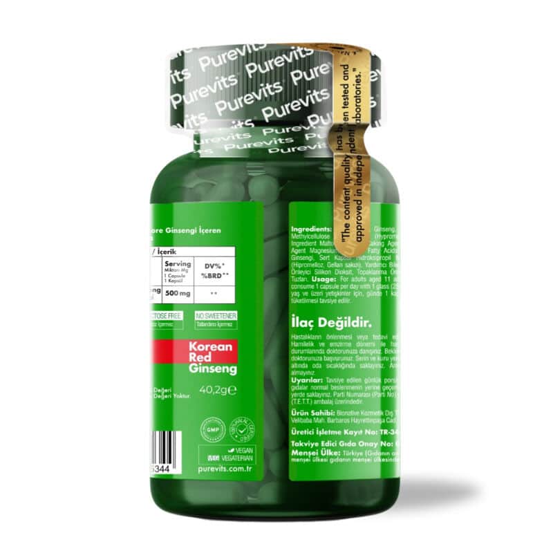 Purevits Korea Red Ginseng 500 mg Food Supplement 60 vegan Capsules - 2