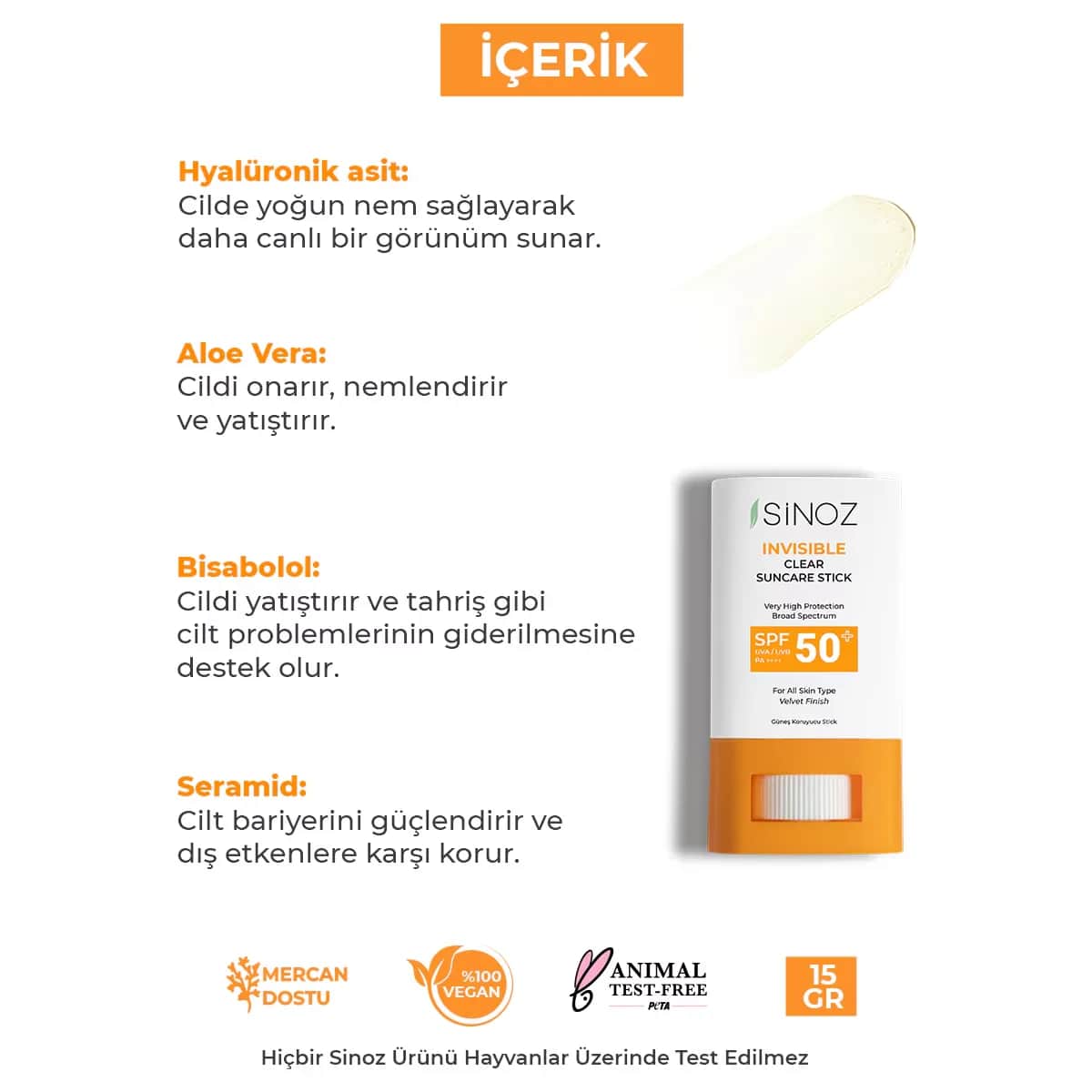 Sinoz SPF50+ Moisturizing Sunscreen Stick - 15g High Protection