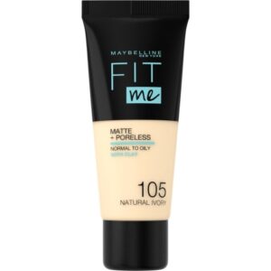 Introducing the Maybelline New York Fit Me Matte+Poreless Foundation 105 Natural Ivory, a versatile foundation designed to provide a matte finish and minimize the appearance of pores.