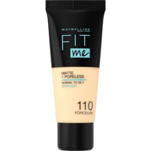 Introducing the Maybelline New York Fit Me Matte+Poreless Foundation 110 Porcelain, a must-have for flawless, matte skin.