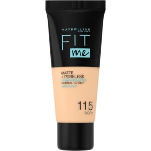 Introducing the Maybelline New York Fit Me Matte+Poreless Foundation 115 Ivory, the perfect foundation for a flawless matte finish.