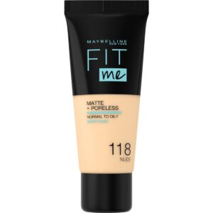 Introducing the Maybelline New York Fit Me Matte+Poreless Foundation 118 Nude, a must-have foundation for a flawless, matte finish.