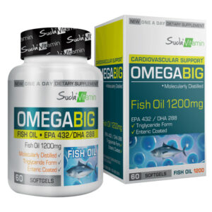 Introducing Suda Vitamin Omegabig Fish Oil 1200 mg 60 Soft Gel Capsules, a high-quality supplement providing essential Omega-3 fatty acids to support overall wellness.