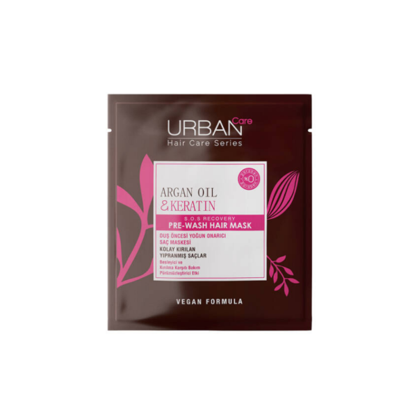 Introducing the Urban Care Argan Oil & Keratin Pre-Shower Hair Care Mask, a 50 ml treatment designed to nourish and strengthen your hair before showering.