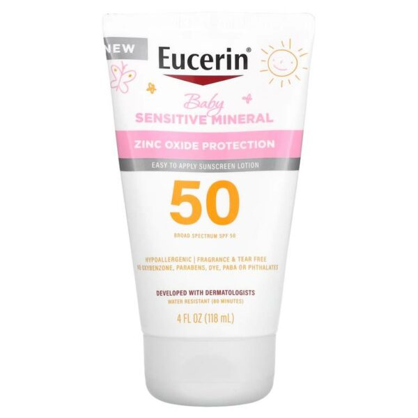 Introducing Eucerin Baby Sensitive Mineral Sunscreen Lotion SPF 50 118 ml, a fragrance-free solution for effective sun protection.