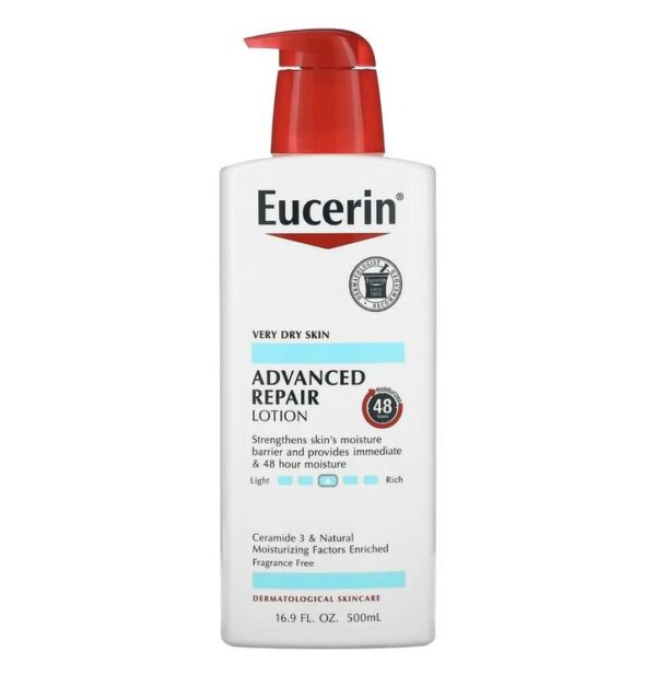 Introducing the Eucerin Advanced Repair Lotion 500 ml, a powerful solution for repairing and nourishing dry, rough skin.