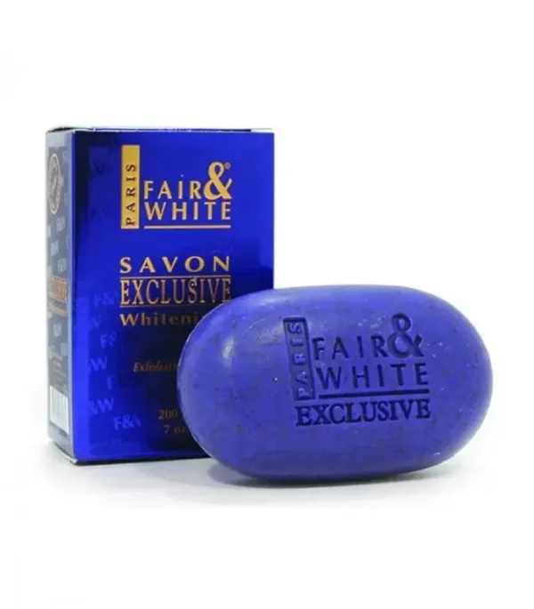 Introducing Fair & White Savon Exclusive Whitening Exfoliating Soap 200 g. This soap lightens the body, helping you achieve a brighter skin tone.