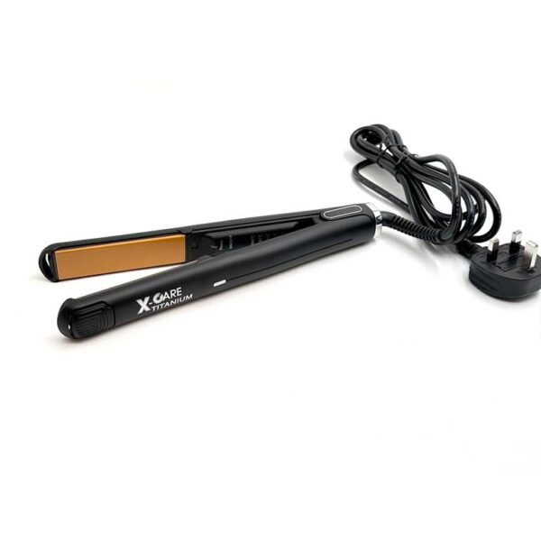 Introducing the X-CARE Ceramic Titanium Hair Straightener Fp-128-B, a powerhouse tool for achieving sleek, straight hair with ease.