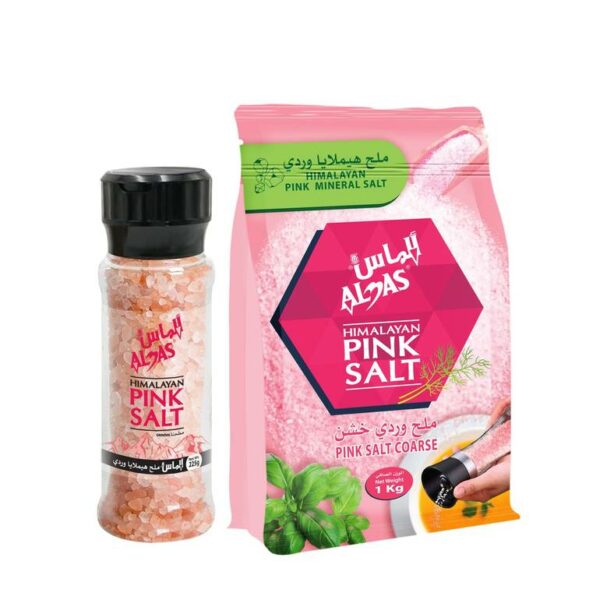 Almas Pink Himalayan Salt Double Pack – 1kg bag and 225g diamond grinder