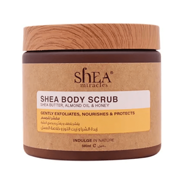 Introducing the Shea Miracles Shea Body Scrub With Shea Butter, Almond And Honey 500 ml, a luxurious and nourishing scrub designed to exfoliate and hydrate your skin for a radiant glow.