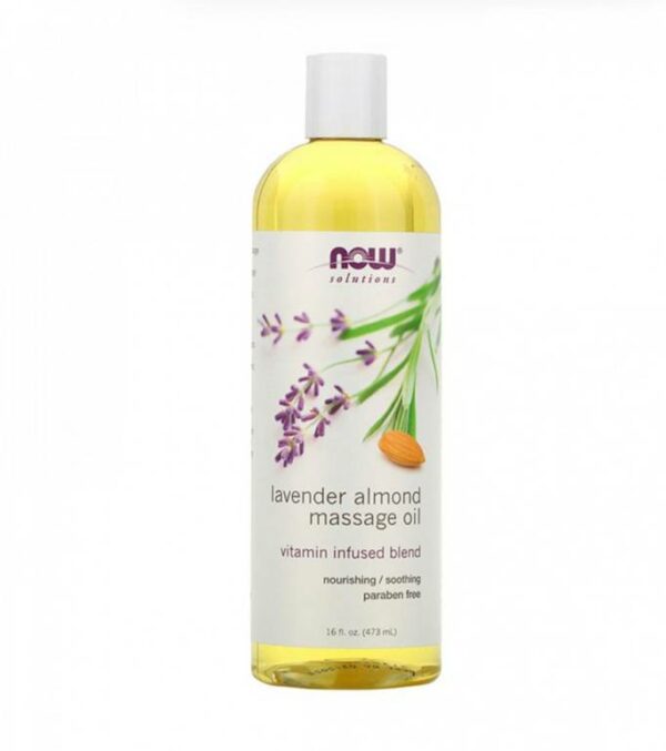 Introducing NOW Solutions Lavender Almond Message Oil 437 ml, a soothing and nourishing blend for your skin and hair.