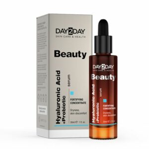 Introducing the Day2Day Beauty Hyaluronic Acid+ Probiotic Serum 30 ml, the ultimate skincare solution for hydrated and healthy-looking skin. This serum is packed with powerful ingredients to nourish and revitalize your skin, leaving it smooth and radiant.