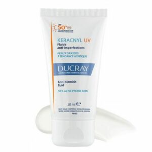 Introducing Ducray Keracnyl UV SPF50+ Anti Blemish Fluid 50 ml, your solution for protecting your skin from harmful UV rays while combatting blemishes.