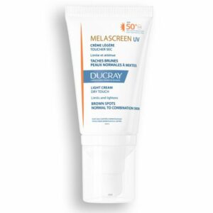 Introducing the Ducray Melascreen UV Spf 50+ Light Cream Dry Touch 40 ml, a solution that provides high sun protection for blemish-prone skin.