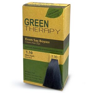 نقدم لكم جرين ثيرابي صبغة شعر رقم 1.10 أسود مزرق | Green Therapy، وهو حل ثوري للحصول على لون شعر نابض بالحياة وطويل الأمد.