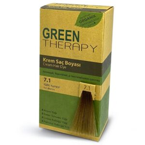 Introducing the Green Therapy Hair Dye Cream 7.1 Ash Brown, a reliable solution for achieving a natural and vibrant hair color.