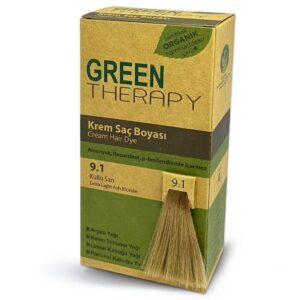 Introducing the Green Therapy Hair Dye Cream 9.1 Ashy Blonde, a high-quality hair color solution for achieving a natural ashy blonde shade.