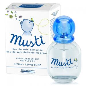 Introducing the Mustela Musti Eau De Soin Delicate Fragrance 50 ml, a gentle and soothing fragrance designed specifically for your baby's delicate skin.