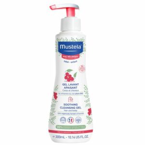 Introducing Mustela Soothing Cleansing Gel For Hair and Body 300 ml, a gentle and soothing formula designed specifically for delicate and sensitive baby skin.