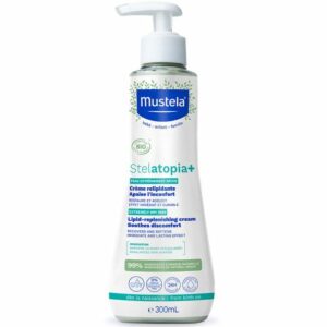 Introducing the Mustela Stelatopia+ Lipid Replenishing Cream Soothes Discomfort 300 ml, a soothing and nourishing solution for dry and eczema-prone skin.