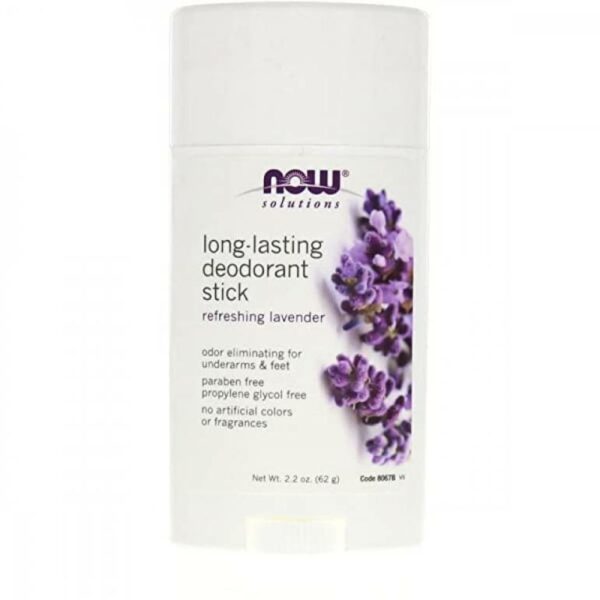 Introducing NOW Long-Lasting Deodorant Stick Refreshing Lavender 62 Grams, a 62-gram solution for long-lasting underarm freshness.