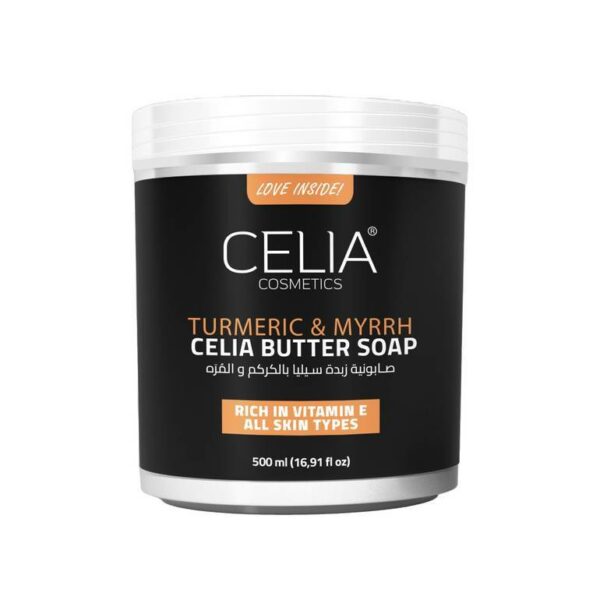 Experience the Celia Turmeric and Myrrh Butter Soap 500 g. This specially formulated soap is perfect for nourishing and rejuvenating your skin, leaving it feeling fresh and revitalized.