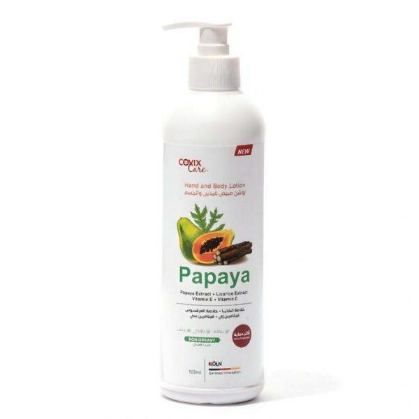 Introducing the Covix Care Hand And Body Lotion With Papaya 500 ml. This lotion is specially formulated to lighten and brighten your skin while providing essential moisture and nourishment.