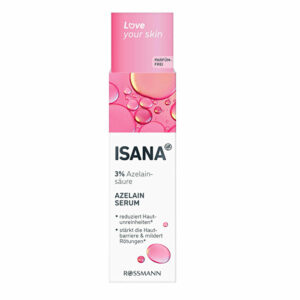 Introducing the Isana Azelaic Serum 30 ml, a vegan skincare product containing 3% azelaic acid, panthenol, and allantoin.