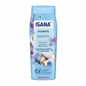 Introducing the Isana Cotton Blue Shampoo St. John's Wort 300 ml, specially formulated for sensitive scalps and normal hair.