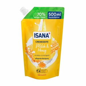 Introducing the Isana Cream Soap Milk & Honey Refill Bag 500 ml, a gentle hand cleanser with skin-friendly care lipids and a sweet-creamy scent.