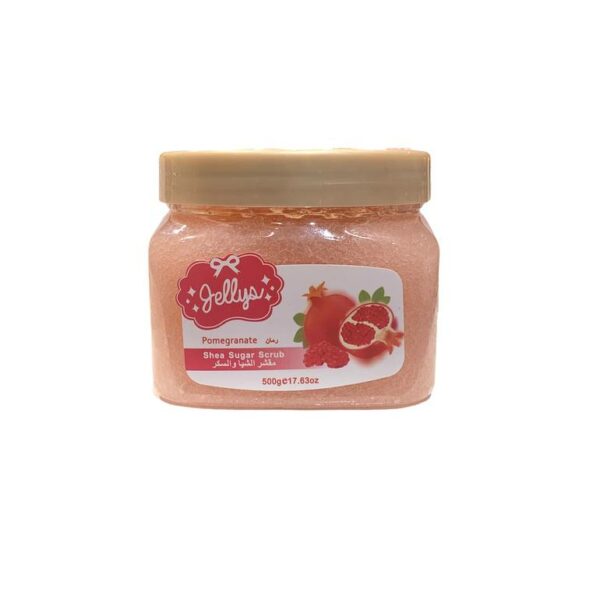 Introducing Jellys Shea Sugar Scrub With Pomegranate 500 g, a luxurious exfoliating scrub designed to nourish and revitalize your skin.