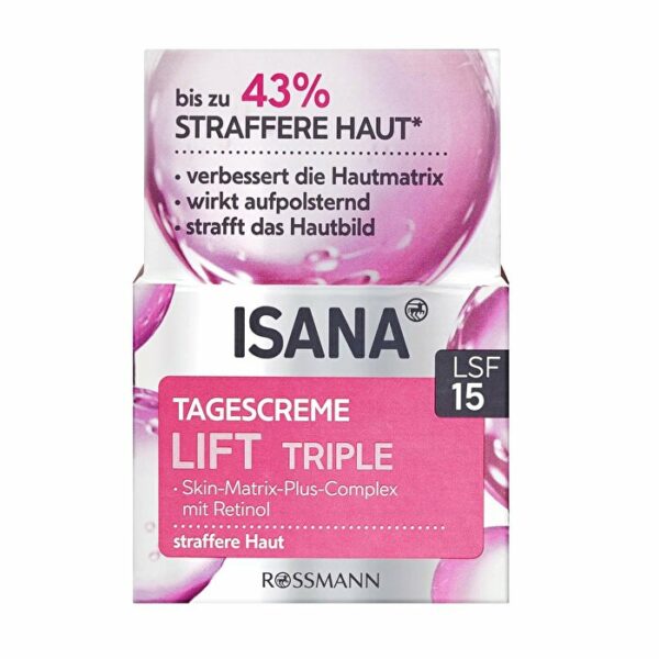 Introducing the Isana Lift Triple Day Cream Nourishing and Firming Effect SPF 15 50 ml, a skin care essential for individuals over 40 years old.