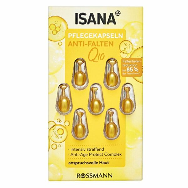 Introducing the Isana Q10 Anti-Wrinkle Care Capsules 7x0.38 ml, a powerful solution for fighting signs of aging with its antioxidant properties.