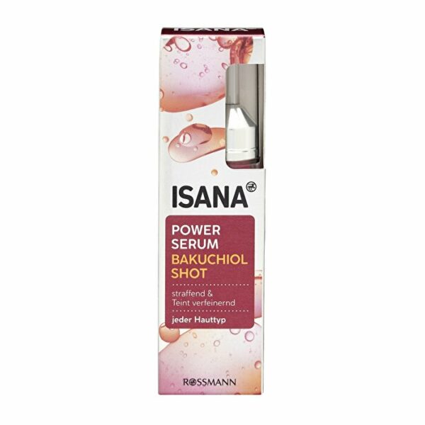 Introducing the Isana Power Serum Bakuchiol Shot 10 ml, a firming and purifying solution for all skin types.