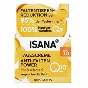 Introducing the Isana Q10 Anti-Wrinkle Day Cream SPF 30 50 ml, an antioxidant cream with SPF30 sun protection, Macadamia oil, and vitamin E.