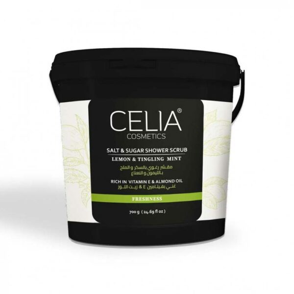 Introducing the Celia Salt and Sugar Shower Scrub With Lemon and Tingling Mint 600 g, a refreshing body scrub designed to revitalize your skin.