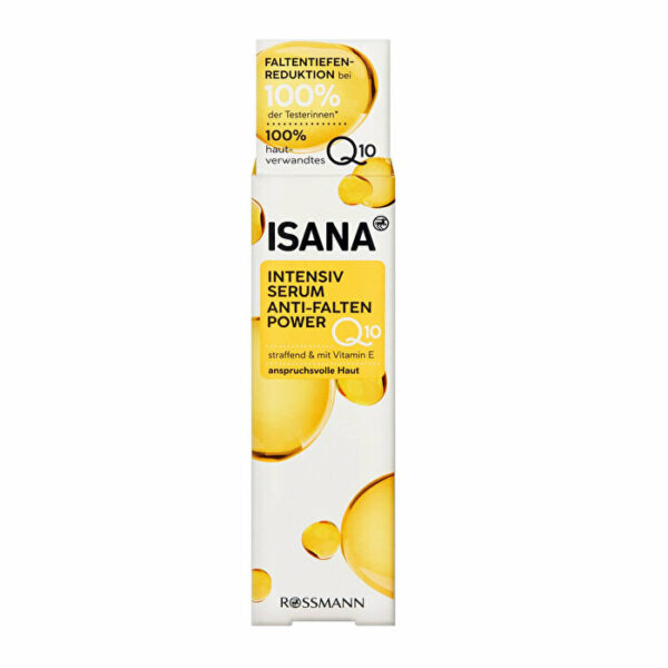 Introducing the Isana Intensiv Serum Anti-Falten Power Q10 30 ml, an antioxidant-rich serum containing vitamin E to reduce wrinkles and improve skin elasticity.