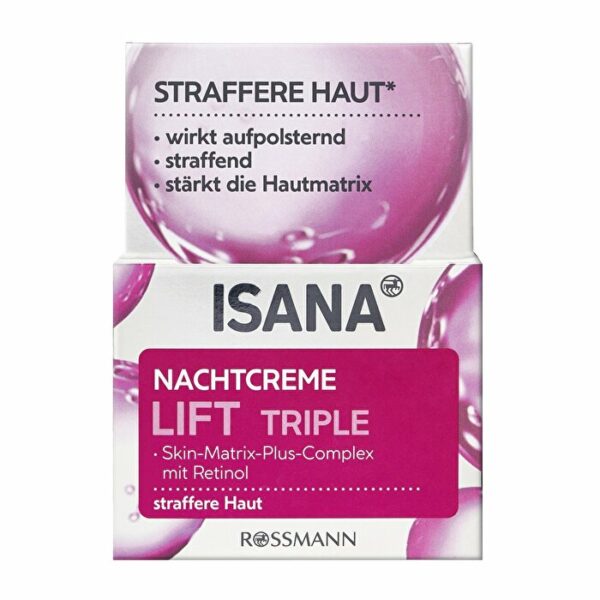 Introducing the Isana Lift Triple Night Cream Nourishing and Firming Effect 50 ml, a luxurious solution for skin care.