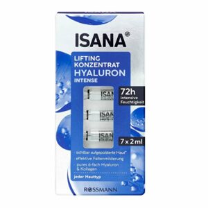 Introducing the Isana Hyaluronic Intense Maintenance Ampoules 7x2 ml, an intensive moisturizing solution for brighter and plumper skin.