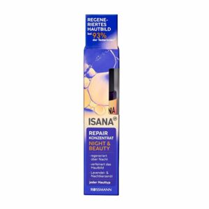 Introducing the Isana Night & Beauty Face Serum 30 ml, a vegan facial serum packed with evening primrose oil, lavender oil, coriander oil, and rosemary oil for moisturizing your skin.