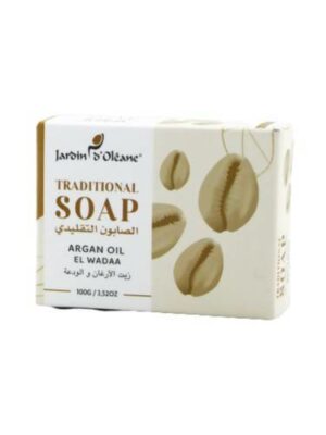 Introducing the Jardin Oleane Traditional soap with argan oil and al wadaa 100 g. This soap is carefully crafted to provide gentle cleansing and nourishment for your skin, thanks to the enriching properties of argan oil.