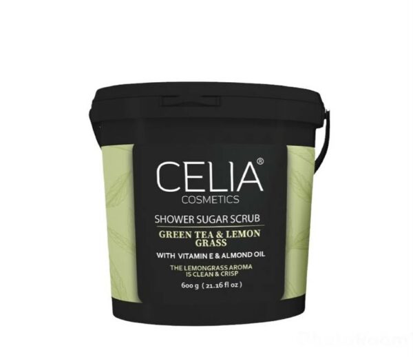 Introducing Celia Shower Sugar Scrub With Green Tea and Lemon Grass 600 g, a rejuvenating scrub designed to exfoliate and revitalize your skin.