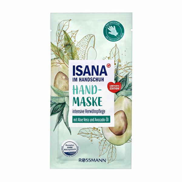 Introducing the Isana Glove Hand Mask Avocado & Aloe Vera 1 piece, a nourishing hand mask that moisturizes and protects your hands, leaving them soft and smooth.