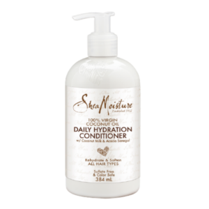 Introducing the Shea Moisture 100% Virgin Coconut Oil Daily Hydration Conditioner 384 ml, a nourishing solution for soft and hydrated hair.